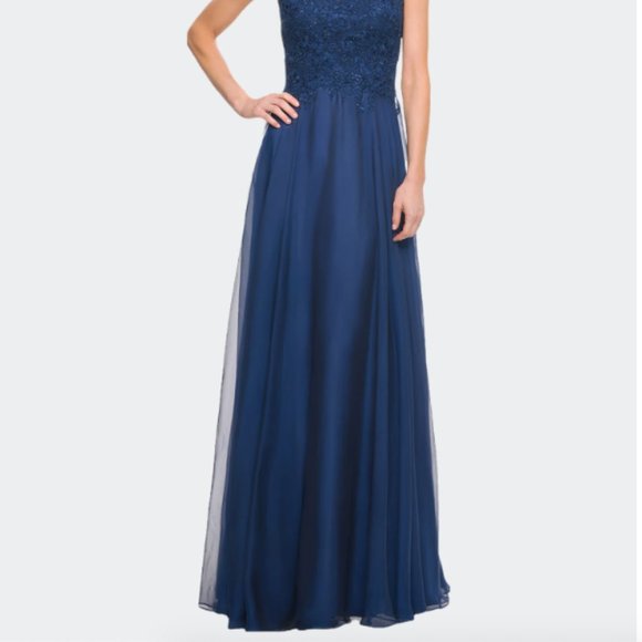 LA FEMME CHIFFON & LACE BODICE CAP SLEEVE NAVY GOWN sz 6 - Picture 2 of 4